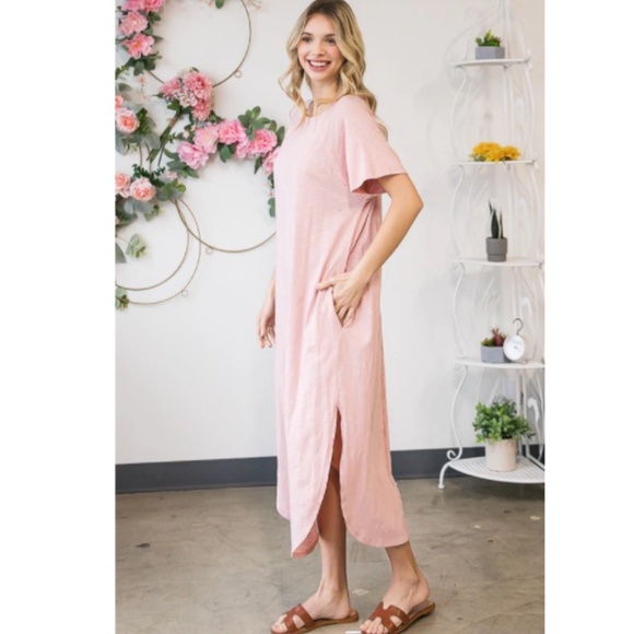 🌞 “The Maria" Pink Cotton Midi Dress with Pockets - Picture 2 of 3